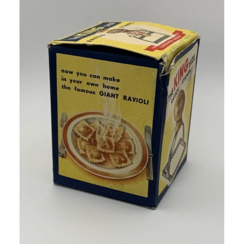 VTG The King Size Ravioli Stamp Cromed Brass Wood Orig Box 2 3/4